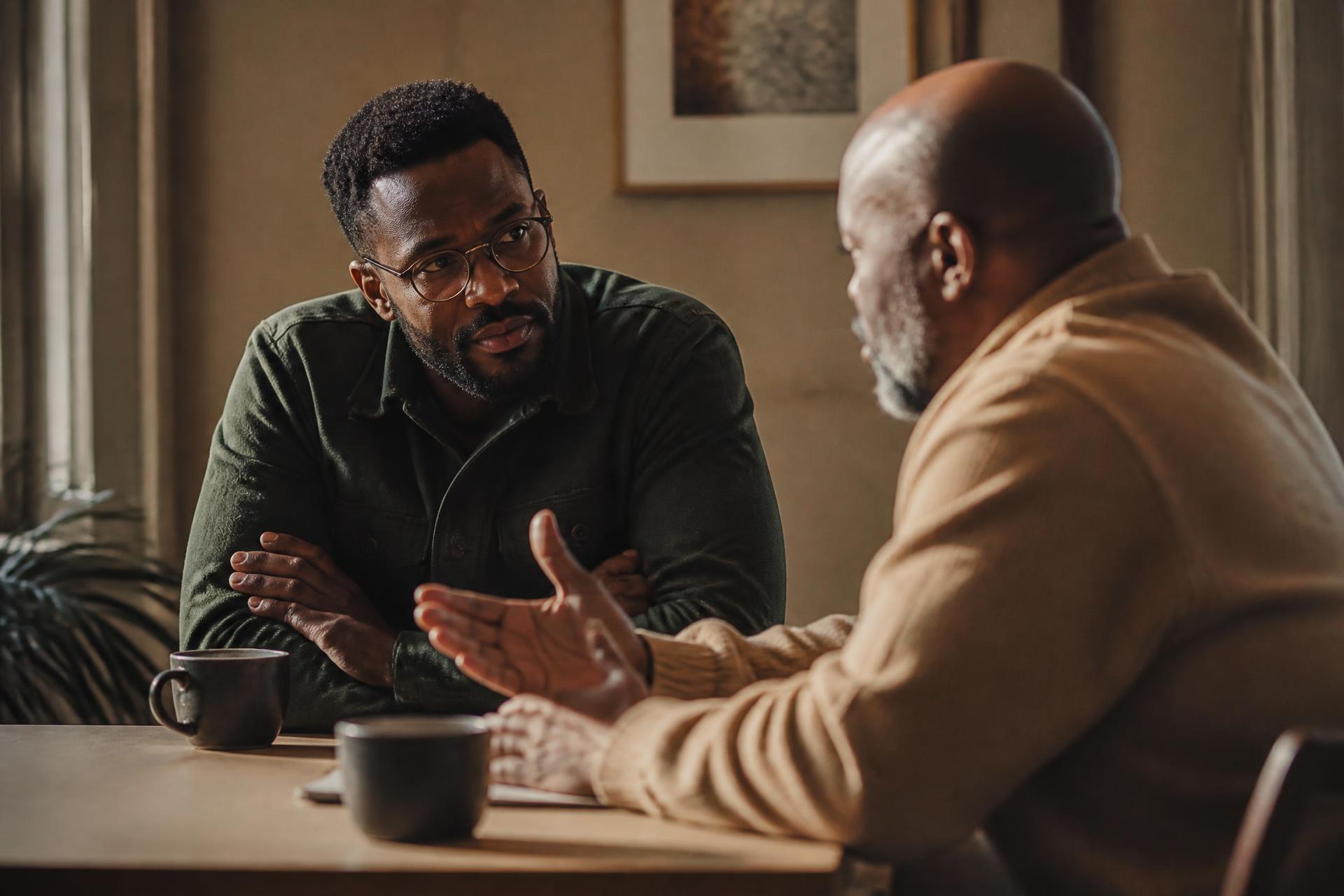 Two Black men in a quiet, real conversation across a table